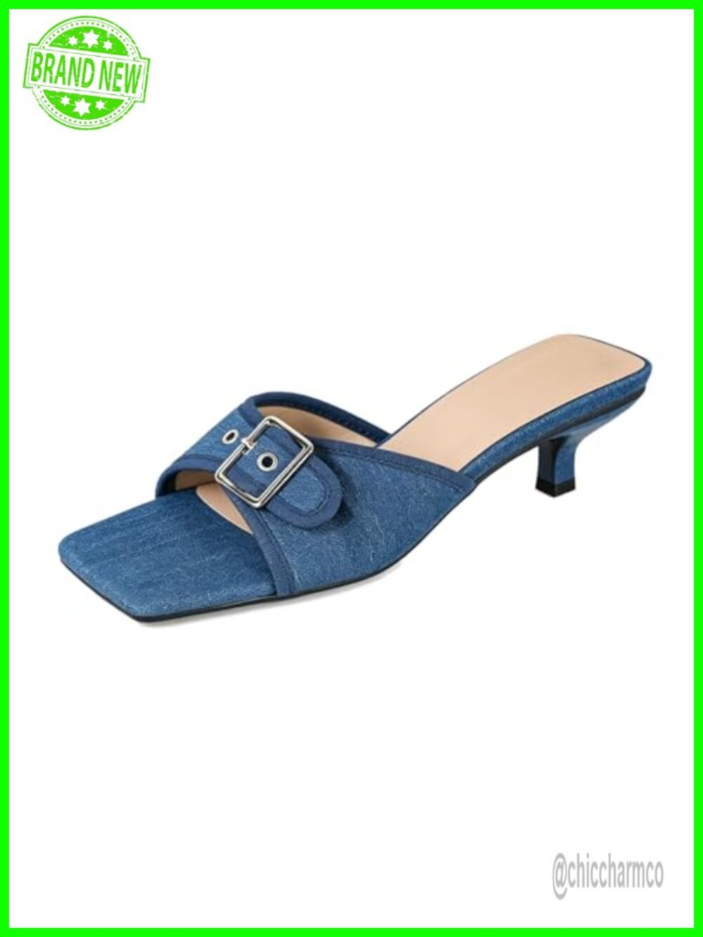 Denim Kitten Heel Slide Sandals Square Open Toe Backless Adjustable Buckle Low